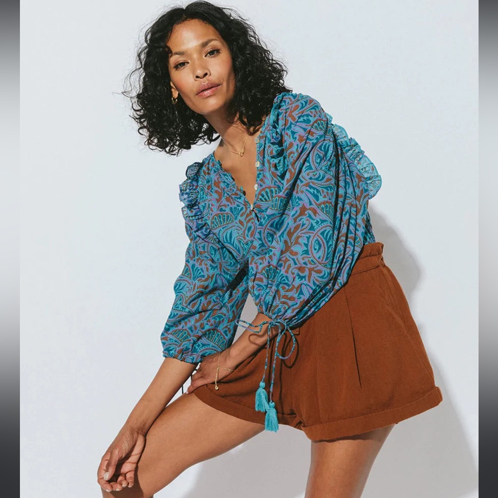 Cleobella Teal and Rust Printed Peasant Blouse